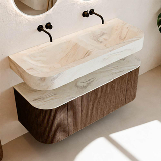 MONDIAZ THOR-DLUX 120cm meuble de salle de bains arrondi gauche + droite couleur Walnut avec 1 tiroir et 2 portes. Vasque suspendue CLOUD Double sans trou de robinet couleur Ostra.