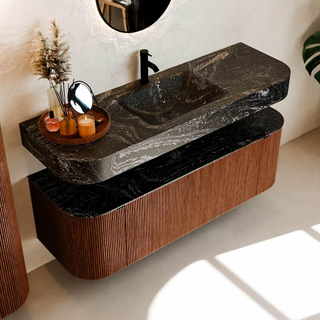 MONDIAZ THOR-DLUX 140cm meuble de salle de bains arrondi gauche + droite couleur Ruby avec 1 tiroir et 2 portes. Vasque suspendue CLOUD Milieu 1 trou de robinet couleur Lava.