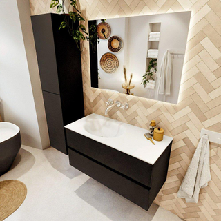 MONDIAZ VICA meuble sous lavabo 100cm Urban 2 tiroirs. Lavabo MOON gauche sans trou de robinet, couleur Talc.