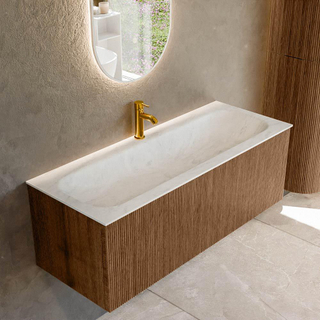 MONDIAZ KURVE-DLUX 120cm Meuble salle de bain - couleur Walnut - 1 tiroir - vasque BIG LARGE centre - 1 trou de robinet - couleur Opalo