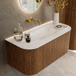 MONDIAZ KURVE-DLUX 100cm Meuble salle de bain avec module 25 G et D - couleur Walnut - 1 tiroir - 2 portes - vasque GRUNNE centre - sans trou de robinet - couleur Ostra