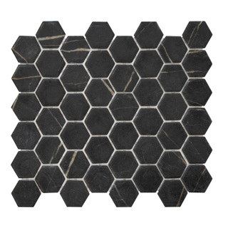 The Mosaic Factory Valencia mozaïektegel - 27.6x32.9cm - wand en vloertegel - Zeshoek/Hexagon - Gerecycled glas Nero Marble Print Mat