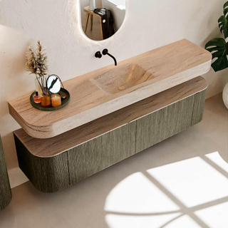 MONDIAZ THOR-DLUX 190cm meuble de salle de bains arrondi gauche + droite couleur Shadow avec 2 tiroirs et 2 portes. Vasque suspendue CLOUD Milieu sans trou de robinet couleur Saba.