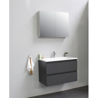 Basic Bella Meuble lavabo acrylique avec 1 trou de robinet avec armoire de toilette à 2 portes grise 80x55x46cm Flat Pack Anthracite mat