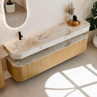 MONDIAZ THOR-DLUX 200cm meuble de salle de bains arrondi gauche + droite couleur Chêne avec 2 tiroirs et 2 portes. Vasque suspendue CLOUD Gauche 1 trou de robinet couleur Frappe.