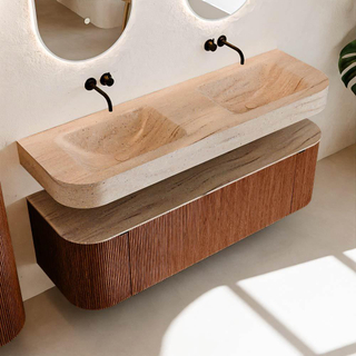 MONDIAZ THOR-DLUX 150cm meuble de salle de bains arrondi gauche + droite couleur Ruby avec 1 tiroir et 2 portes. Vasque suspendue CLOUD Double sans trou de robinet couleur Saba.