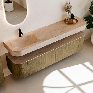 MONDIAZ THOR-DLUX 190cm meuble de salle de bains arrondi gauche + droite couleur Dusk avec 2 tiroirs et 2 portes. Vasque suspendue CLOUD Gauche 1 trou de robinet couleur Saba.