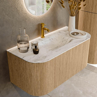 MONDIAZ KURVE-DLUX 100cm Meuble salle de bain avec module 25 G et D - couleur Oak - 1 tiroir - 2 portes - vasque GRUNNE centre - 1 trou de robinet - couleur Glace