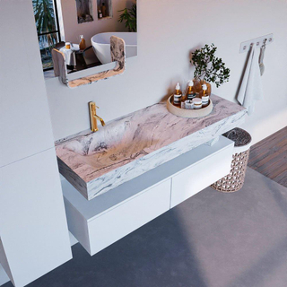 Mondiaz ALAN-DLUX Ensemble de meuble - 130cm - meuble Talc mat - 2 tiroirs - Lavabo Cloud Glace suspendu - vasque Gauche - 1 trou de robinet