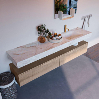 Mondiaz ALAN-DLUX Ensemble de meuble - 200cm - meuble Washed Oak mat - 2 tiroirs - Lavabo Cloud Frappe suspendu - vasque Droite - 1 trou de robinet
