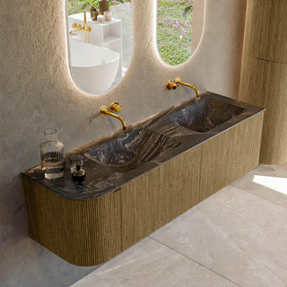 Mondiaz KURVE-DLUX Badkamermeubelset - 155x46x40cm - 2 lade - 1 deur - wastafel solid surface - dubbel / rechts - zonder kraangat - Dusk