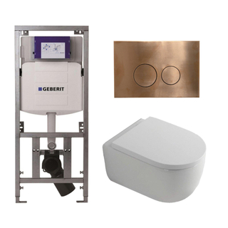 QeramiQ Dely Swirl Toiletset - 36.3x51.7cm - diepspoel - rimless - Geberit UP320 Burda inbouwreservoir - 35mm zitting - koperen bedieningsplaat - ronde knoppen - wit mat