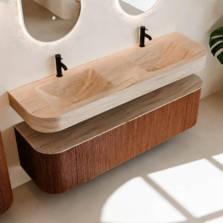 MONDIAZ THOR-DLUX 160cm meuble de salle de bains arrondi gauche + droite couleur Ruby avec 1 tiroir et 2 portes. Vasque suspendue CLOUD Double 2 trous de robinet couleur Saba.