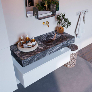 Mondiaz ALAN-DLUX Ensemble de meuble - 110cm - meuble Talc mat - 1 tiroir - Lavabo Cloud Lava suspendu - vasque Droite - 0 trous de robinet