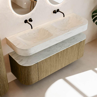 MONDIAZ THOR-DLUX 140cm meuble de salle de bains arrondi gauche + droite couleur Dusk avec 1 tiroir et 2 portes. Vasque suspendue CLOUD Double sans trou de robinet couleur Opalo.