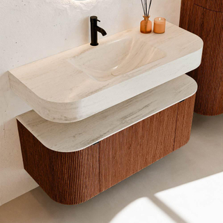 MONDIAZ THOR-DLUX 110cm meuble de salle de bains arrondi gauche + droite couleur Ruby avec 1 tiroir et 2 portes. Vasque suspendue CLOUD Milieu 1 trou de robinet couleur Meli.