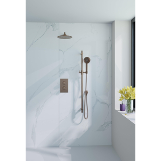 FugaFlow Eccelente Acces Ensemble de douche de tête encastré - thermostatique - bras mural - barre coulissante - douche de tête 25cm - douchette ronde - flexible de douche métallique - cuivre brossé PVD (Cuivre)