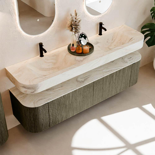 MONDIAZ THOR-DLUX 180cm meuble de salle de bains arrondi gauche + droite couleur Shadow avec 2 tiroirs et 2 portes. Vasque suspendue CLOUD Double 2 trous de robinet couleur Ostra.