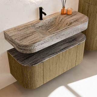 MONDIAZ THOR-DLUX 110cm meuble de salle de bains arrondi gauche + droite couleur Dusk avec 1 tiroir et 2 portes. Vasque suspendue CLOUD Milieu 1 trou de robinet couleur Oza.