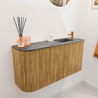 Mondiaz JOYA-DLUX 81.6cm meuble de toilette - arrondi gauche couleur Chêne - Vasque FAYE position Droite 1 trou de robinet couleur Sombra.