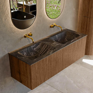 MONDIAZ KURVE-DLUX 130cm Meuble salle de bain - couleur Walnut - 2 tiroirs - vasque LEAF double - sans trou de robinet - couleur Lava