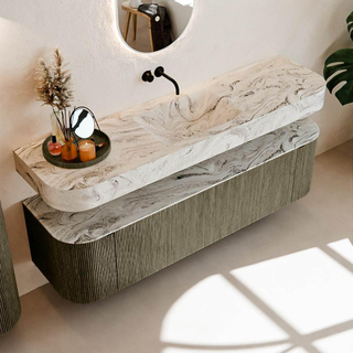 MONDIAZ THOR-DLUX Meuble de salle de bains 170cm arrondi gauche + droite couleur Shadow avec 1 tiroir et 2 portes. Vasque suspendue CLOUD Centre sans trou de robinet couleur Glace.