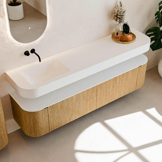 MONDIAZ THOR Meuble de salle de bains 190cm arrondi gauche + droite couleur Oak avec 2 tiroirs et 2 portes. Vasque suspendue CLOUD Gauche sans trou de robinet couleur Talc.