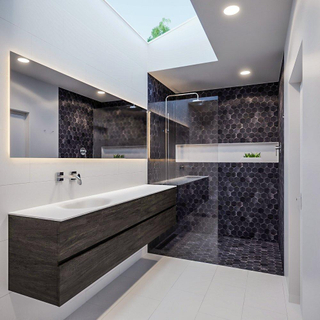MONDIAZ VICA Ensemble de meuble salle de bain - 200cm - 4 tiroirs - lavabo Moon gauche - 0 trous de robinet - solid surface marron foncé