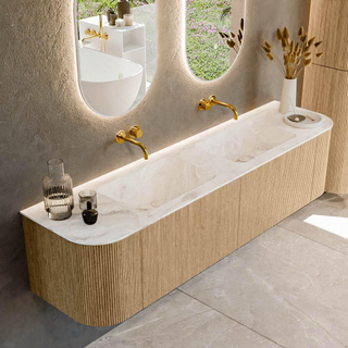 MONDIAZ KURVE-DLUX 180cm Meuble salle de bain avec module 25 G et D - couleur Oak - 2 tiroirs - 2 portes - vasque LEAF double - sans trou de robinet - couleur Frappe