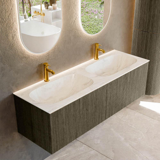 Mondiaz KURVE-DLUX Ensemble de meuble salle de bain - 140x46x40cm - 2 tiroirs - lavabo en solid surface - double - 2 trous de robinet - Shadow