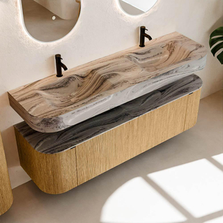 MONDIAZ THOR-DLUX 160cm badmeubel ronding links + rechts kleur Oak met 1 lade en 2 deuren. Vrijhangende wastafel CLOUD Dubbel 2 kraangaten kleur Sombra.