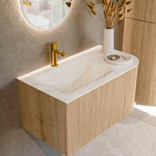 MONDIAZ KURVE-DLUX 85cm Meuble salle de bain avec module 25 D - couleur Oak - 1 tiroir - 1 porte - vasque CLOUD gauche - 1 trou de robinet - couleur Ostra