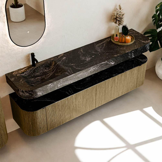 MONDIAZ THOR-DLUX 200cm meuble de salle de bains arrondi gauche + droite couleur Dusk avec 2 tiroirs et 2 portes. Vasque suspendue CLOUD Gauche 1 trou de robinet couleur Lava.