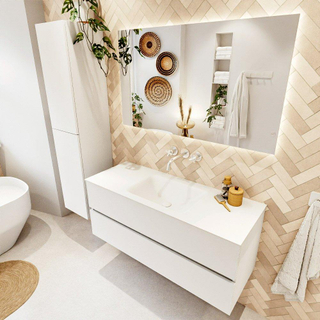 MONDIAZ VICA meuble sous lavabo 120cm Talc 2 tiroirs. Lavabo CLOUD central sans trou de robinet, couleur Talc.