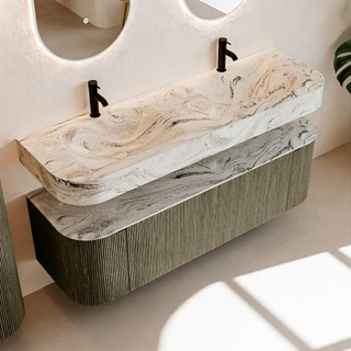 MONDIAZ THOR-DLUX 150cm meuble de salle de bains arrondi gauche + droite couleur Shadow avec 1 tiroir et 2 portes. Vasque suspendue CLOUD Double 2 trous de robinet couleur Glace.