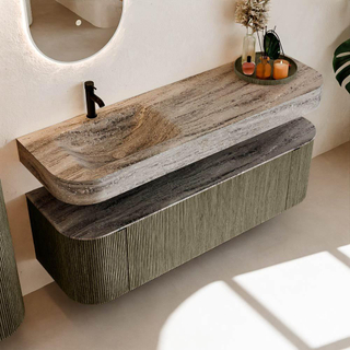 MONDIAZ THOR-DLUX 150cm meuble de salle de bains arrondi gauche + droite couleur Shadow avec 1 tiroir et 2 portes. Vasque suspendue CLOUD Gauche 1 trou de robinet couleur Oza.