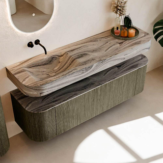 MONDIAZ THOR-DLUX 160cm meuble de salle de bains arrondi gauche + droite couleur Shadow avec 1 tiroir et 2 portes. Vasque suspendue CLOUD Gauche sans trou de robinet couleur Sombra.