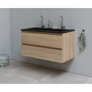 Basic Bella Meuble salle de bains avec lavabo acrylique Noir 100x55x46cm 2 trous de robinet Chêne