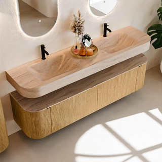 MONDIAZ THOR-DLUX 180cm meuble de salle de bains arrondi gauche + droite couleur Oak avec 2 tiroirs et 2 portes. Vasque suspendue CLOUD Double 2 trous de robinet couleur Saba.