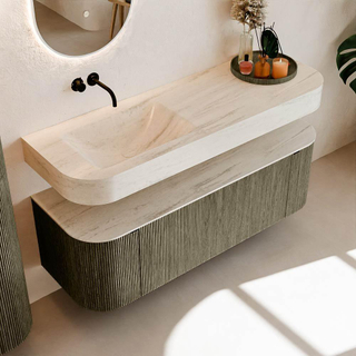 MONDIAZ THOR-DLUX 140cm meuble de salle de bains arrondi gauche + droite couleur Shadow avec 1 tiroir et 2 portes. Vasque suspendue CLOUD Gauche sans trou de robinet couleur Meli.