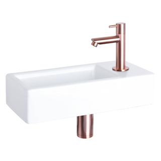 Differnz Hura kit lave-mains - 37,5x18,5x9cm - Rectangulaire - 1 trou de robinet - Robinet droit en cuivre rose - Céramique blanche