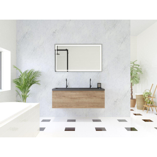 HR Matrix ensemble meuble de salle de bain 3d 120cm 1 tiroir sans poignée avec bandeau en coloris chêne français avec vasque djazz 2 trous de robinetterie noir mat