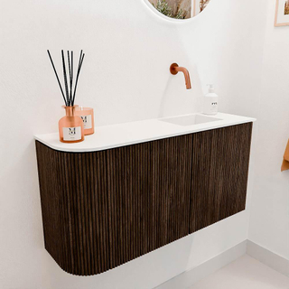 Mondiaz JOYA 81.6cm toiletmeubel - ronding links kleur Walnut - Wastafel FAYE positie Rechts Zonder kraangat kleur Talc.