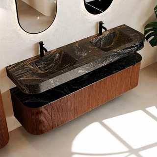 MONDIAZ THOR-DLUX 170cm meuble de salle de bains arrondi gauche + droite couleur Ruby avec 1 tiroir et 2 portes. Vasque suspendue CLOUD Double 2 trous de robinet couleur Lava.