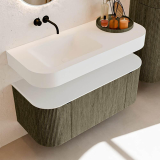 MONDIAZ THOR Meuble de salle de bains 110cm arrondi gauche + droite couleur Shadow avec 1 tiroir et 2 portes. Vasque suspendue CLOUD Gauche sans trou de robinet couleur Talc.