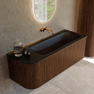 MONDIAZ KURVE 125cm badmeubel met module 25 L kleur Walnut met 1 lade en 1 deur. Wastafel BIG MEDIUM rechts zonder kraangat Urban.