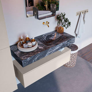 Mondiaz ALAN-DLUX Ensemble de meuble - 110cm - meuble Linen mat - 1 tiroir - Lavabo Cloud Lava suspendu - vasque droite - 0 trous de robinet