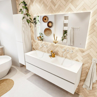 MONDIAZ VICA meuble sous lavabo 150cm Talc 2 tiroirs. Lavabo CLOUD double sans trou de robinet, couleur Talc.