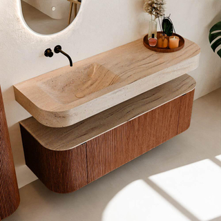 MONDIAZ THOR-DLUX 140cm meuble de salle de bains arrondi gauche + droite couleur Ruby avec 1 tiroir et 2 portes. Vasque suspendue CLOUD Gauche sans trou de robinet couleur Saba.