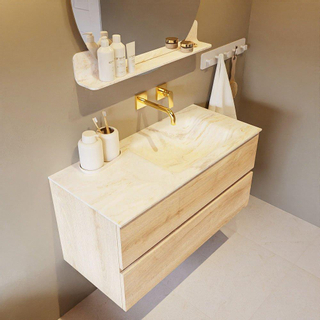 Mondiaz VICA-DLUX Ensemble de meuble de salle de bain - 100cm - meuble sous-vasque chêne blanchi - 2 tiroirs - lavabo encastré cloud droite - sans trous de robinet - version haute de 60cm - ostra